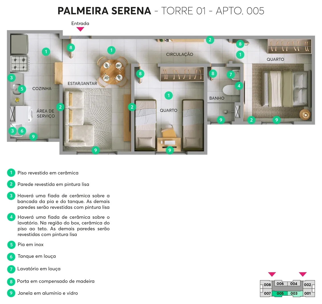 Planta humanizada Apto 005 · Térreo – Torre 01, Palmeira Serena