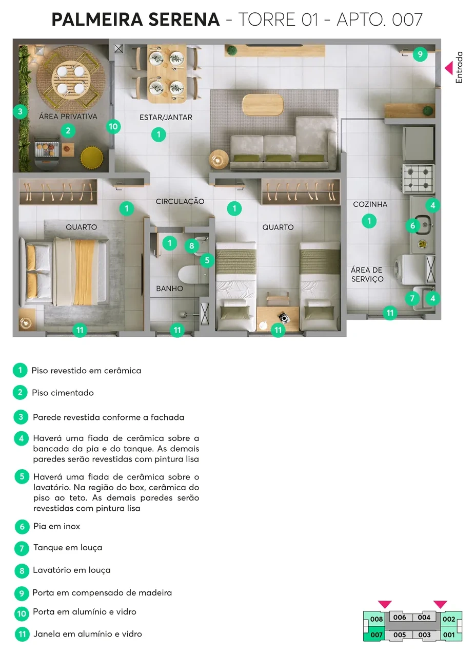 Planta humanizada Apto 007 · Área privativa – Torre 01, Palmeira Serena