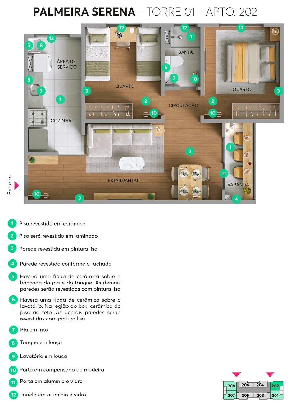 Planta humanizada Apto 202 · Com varanda – Torre 01, Palmeira Serena