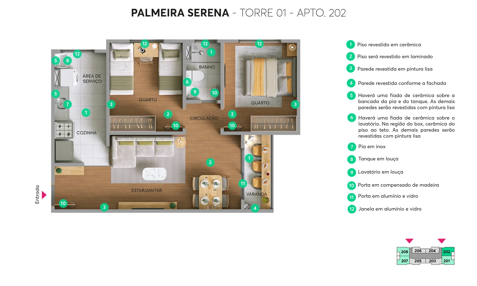Planta humanizada Apto 202 · Com varanda – Torre 01, Palmeira Serena