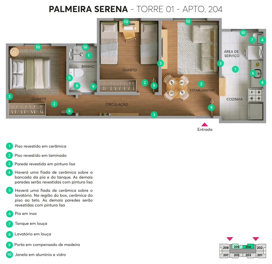 Planta humanizada Apto 204 – Torre 01, Palmeira Serena