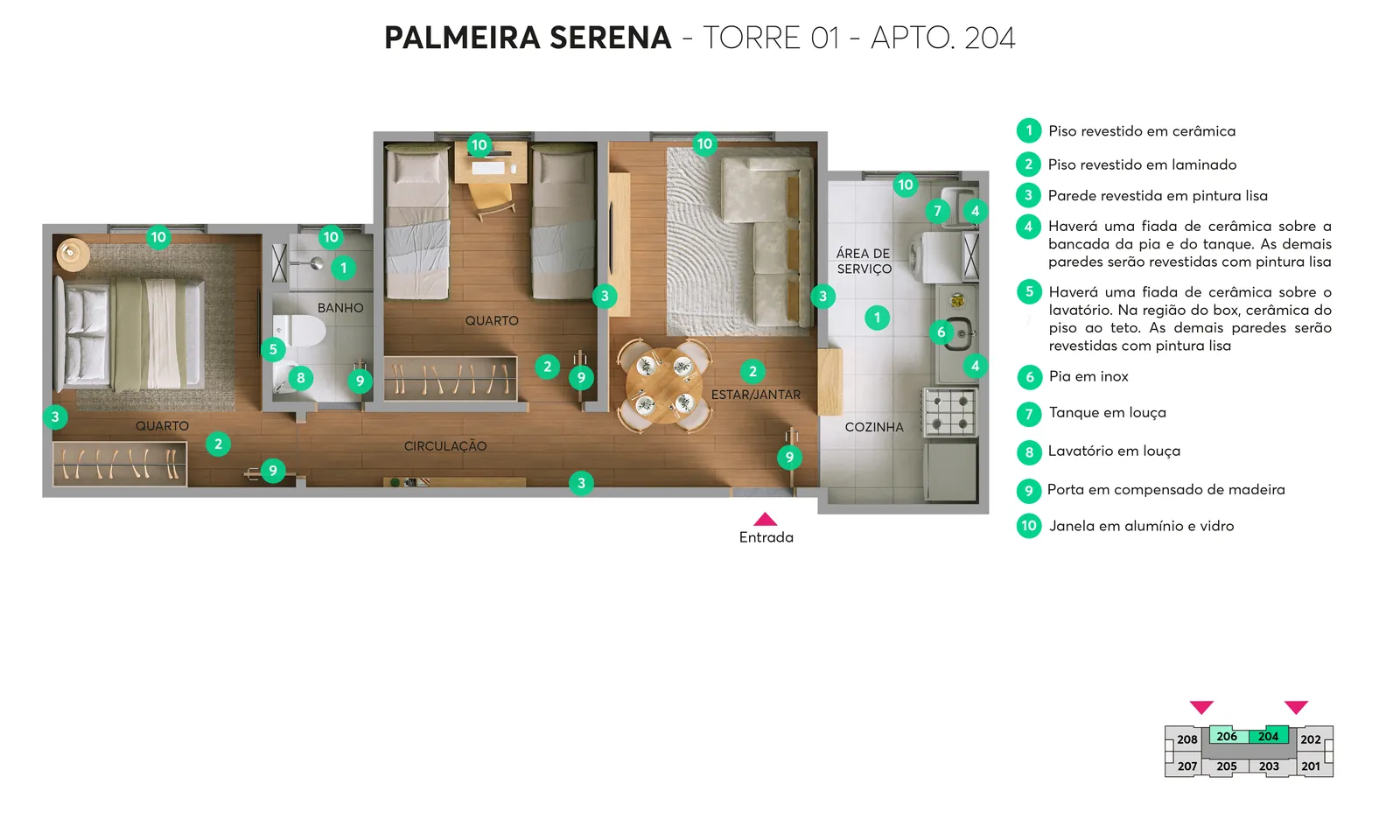 Planta humanizada Apto 204 – Torre 01, Palmeira Serena